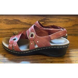 Clarks Lexi Birch WMS 8M Slingback Wedge Sandals Red Leather
